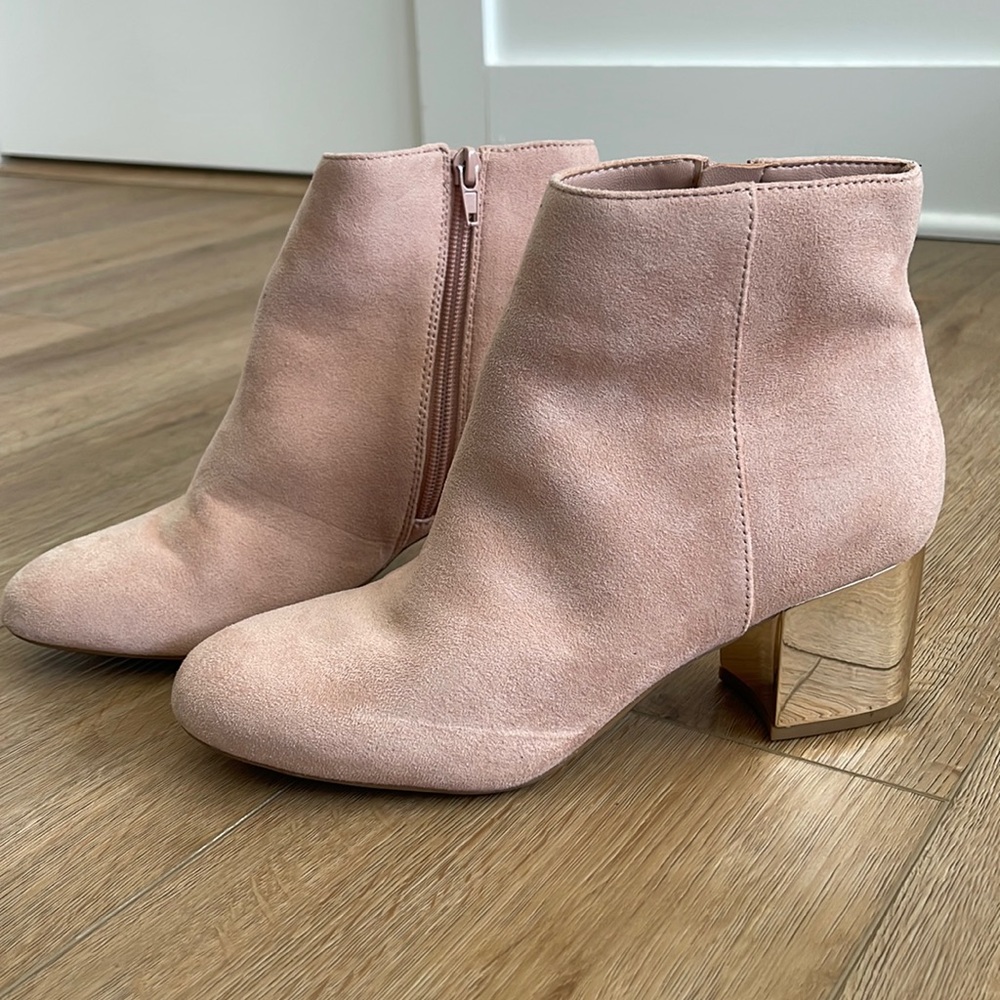 Pink Suede Booties with Gold Heel